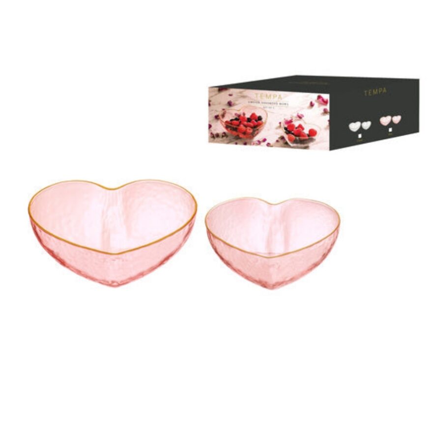 2pc Tempa Amour Tableware Pink Tint Heart Shape Bowl/Vase12x10cm & 14x13cm Set
