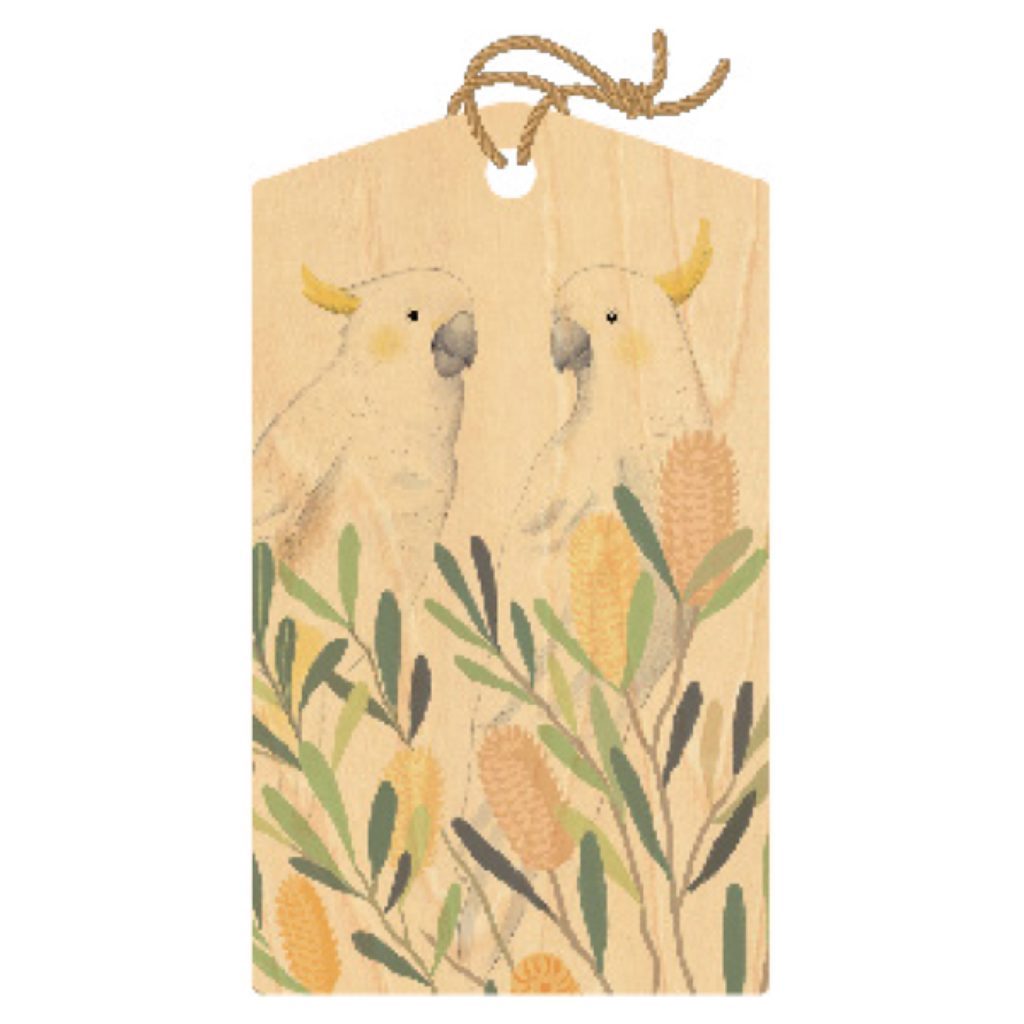 A COCKY PAIR WOODEN GIFT TAG